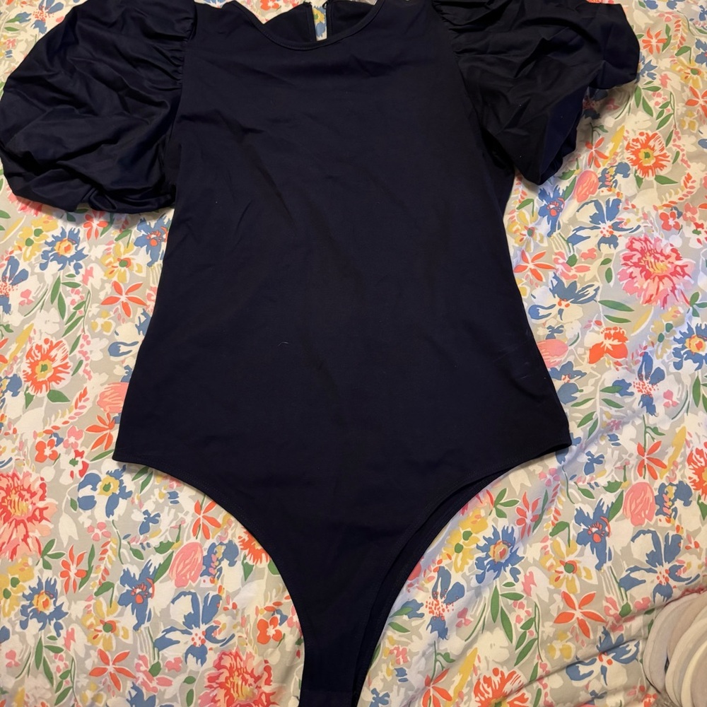 Navy Blue One Piece with Puff Sleeves